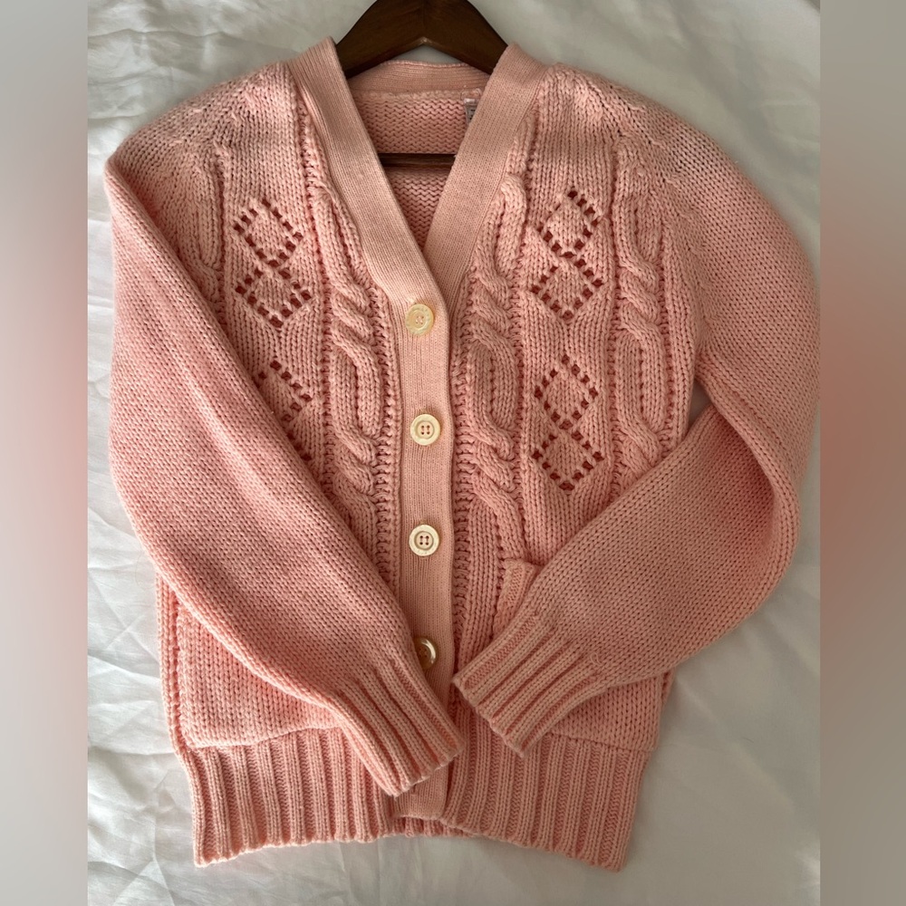 1950’s Blush Pink Chunky Cable Knit Cardigan Milky Ivory Buttons True Vintage